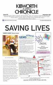Front cover of the September 2021 Kibworth and District Chronicle, Issue 431, featuring the Saving Lives community fundraising campaign.